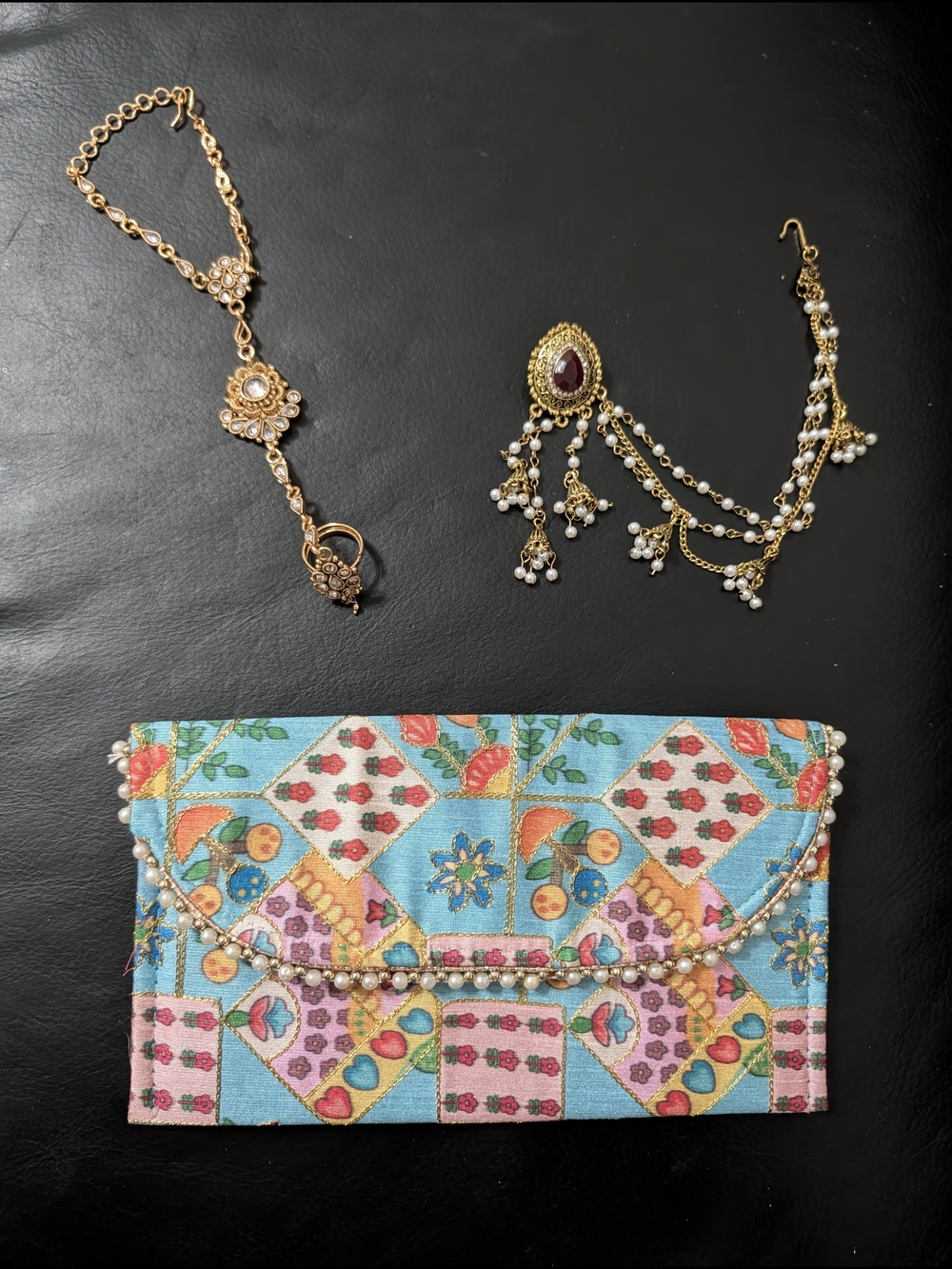 Indian Festive Accessory Bundle: Hathphool, Hair Chain Earring & Clutch